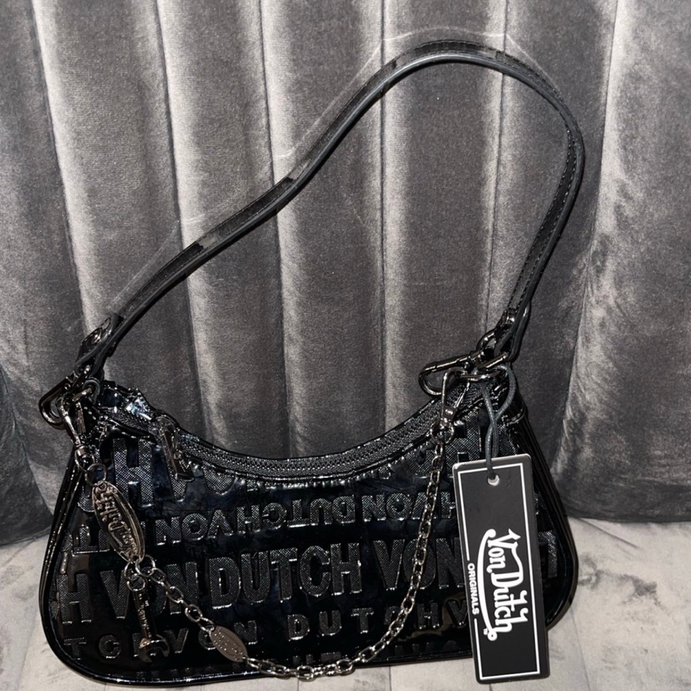 NEW VON DUTCH BLACK ONYX MONOGRAM SHOULDER BAG Small PURSE BAGUETTE Y2K